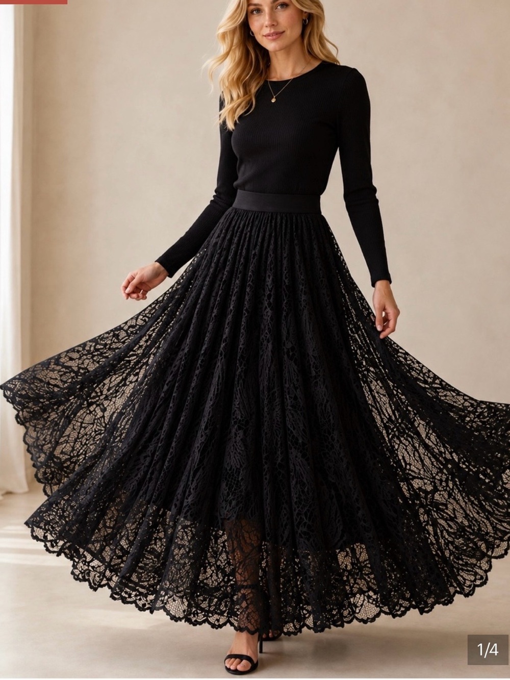 Women's Black Lace Maxi Skirt with Elastic Waist